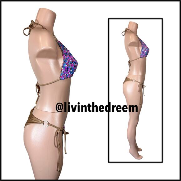 Beach Bunny Paparazzi Triangle Top XL & Tie Side Bottom M- Blue/Pink $270 - Picture 9 of 14